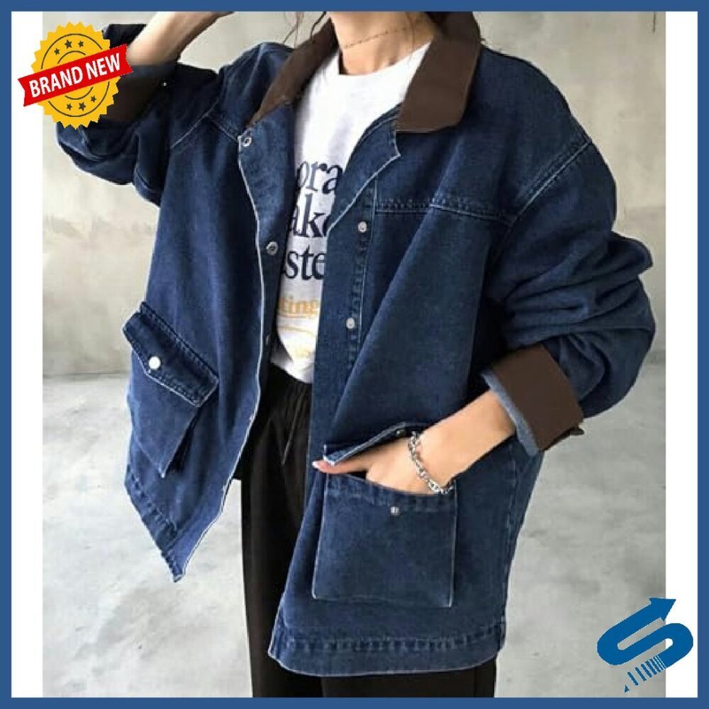 Oversized Denim Jacket Women Y2K Vintage Relaxed Fit Faux Leather Collar - Picture 3 of 8